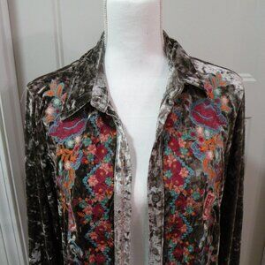 Andree by Unit_M_used_all button down brown velvet look w floral pattern